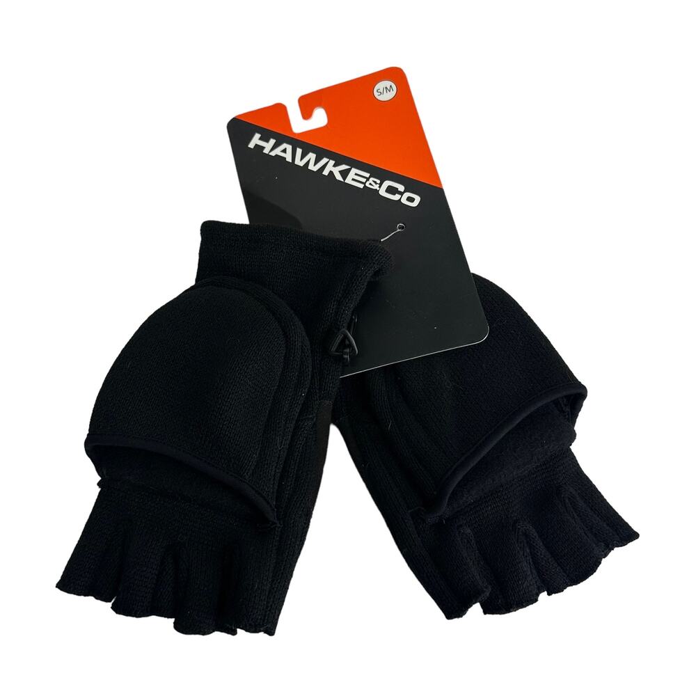 Hawke & Co Fleece Black Ribbed Convertible Mittens Men's Size S/M